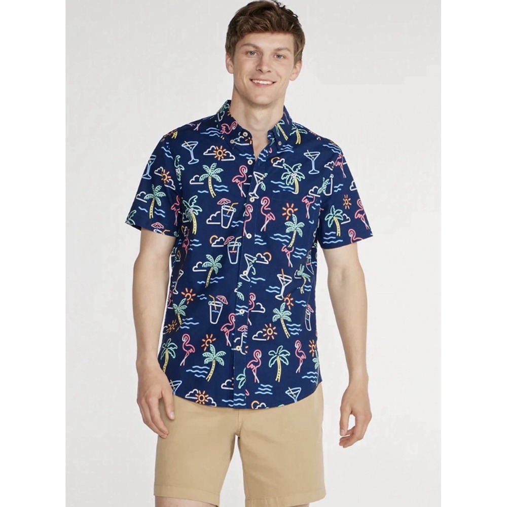 Chubbies Men's Large The One Man Wolf Pack Friday Shirt Neon Palm Flamingo